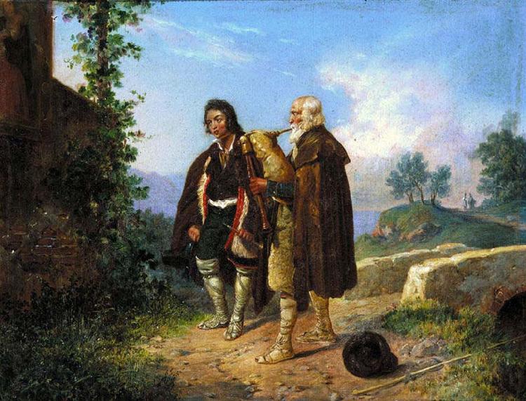Ludwig Vogel Two peasants, one with the bagpipes by a bridge France oil painting art